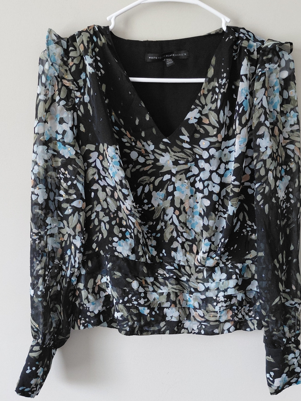 White House Black Market Black Floral V-Neck Blouse